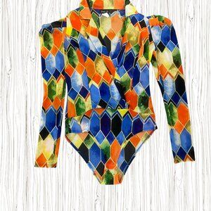 Long Sleeve Geometric Print Bodysuit – Vibrant Multicolor Design